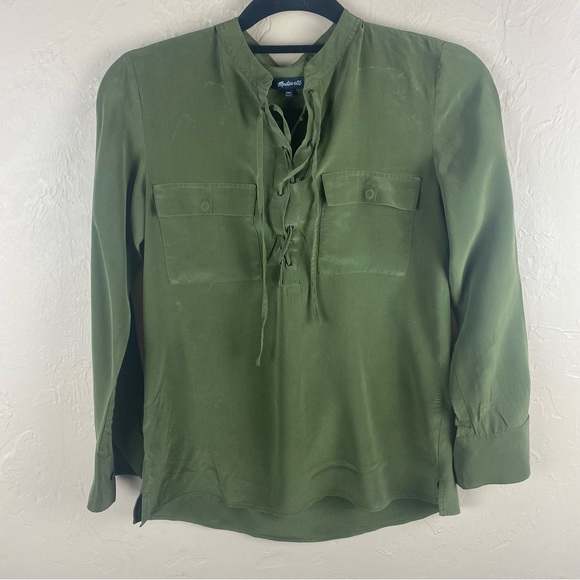 Madewell Olive Green Silk Lace-up Blouse Top XXS - Picture 3 of 10